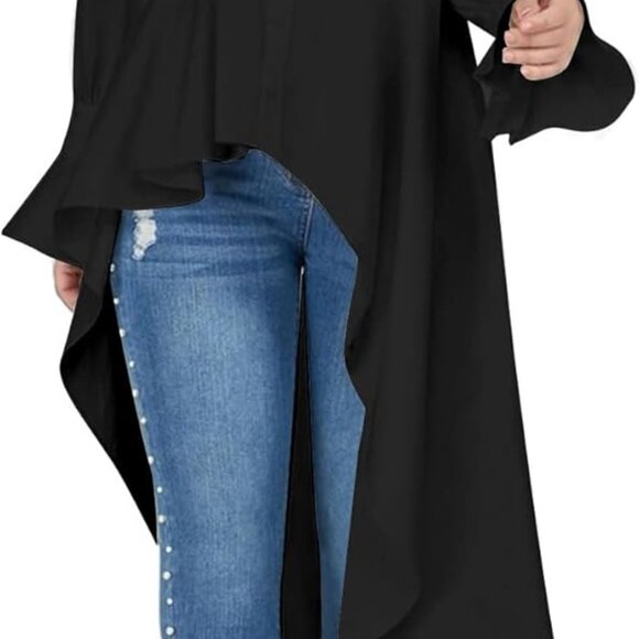 Women’s Button Down Long Sleeve Asymmetric Ruffle High Low Hem Blouse Shirt Top - Picture 1 of 3